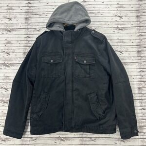 Levi's Jacket Mens Large Black Sherpa Lined Hooded Trucker Military Canvas